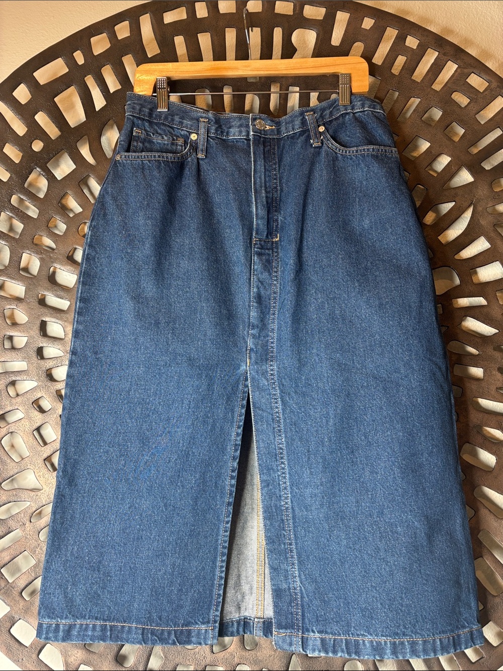 👖 Y2K Denim Midi Skirt Large MNG Mango Dark Blue Front Slit Jean Skirt 👖